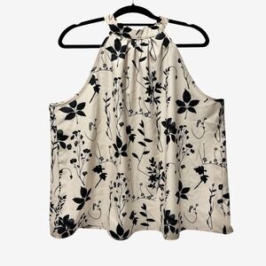 SHEIN Women's Floral Halter Neck Blouse Sleeveless Beige Black Top 2XL